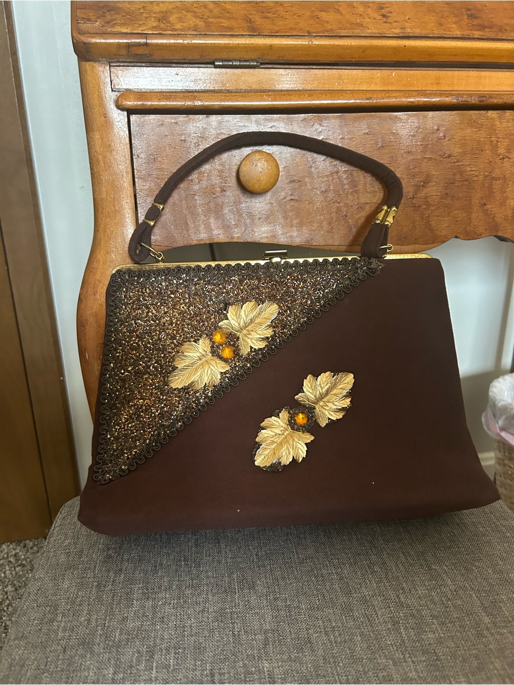 Brown Embroidered Clutch with Gold Leaf Accents
